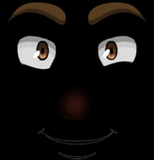 Roblox Face 桌布 壁紙 — 一個極簡風格的卡通臉孔，有著寬大的棕色眼睛和微妙微笑，從黑暗中浮現。