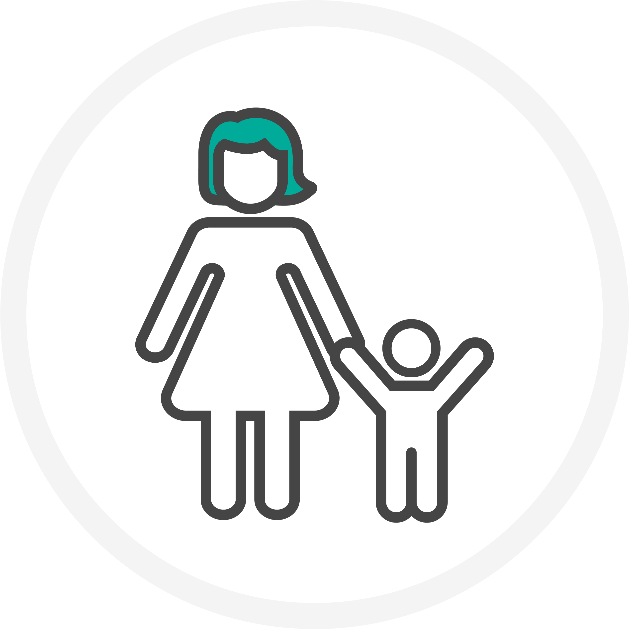 parenting 桌布 壁紙 — 一個極簡風格的圖示，描繪一位擁有青綠色頭髮的女性在黑色背景上牽著孩子的手，並帶有白色圓形邊框。