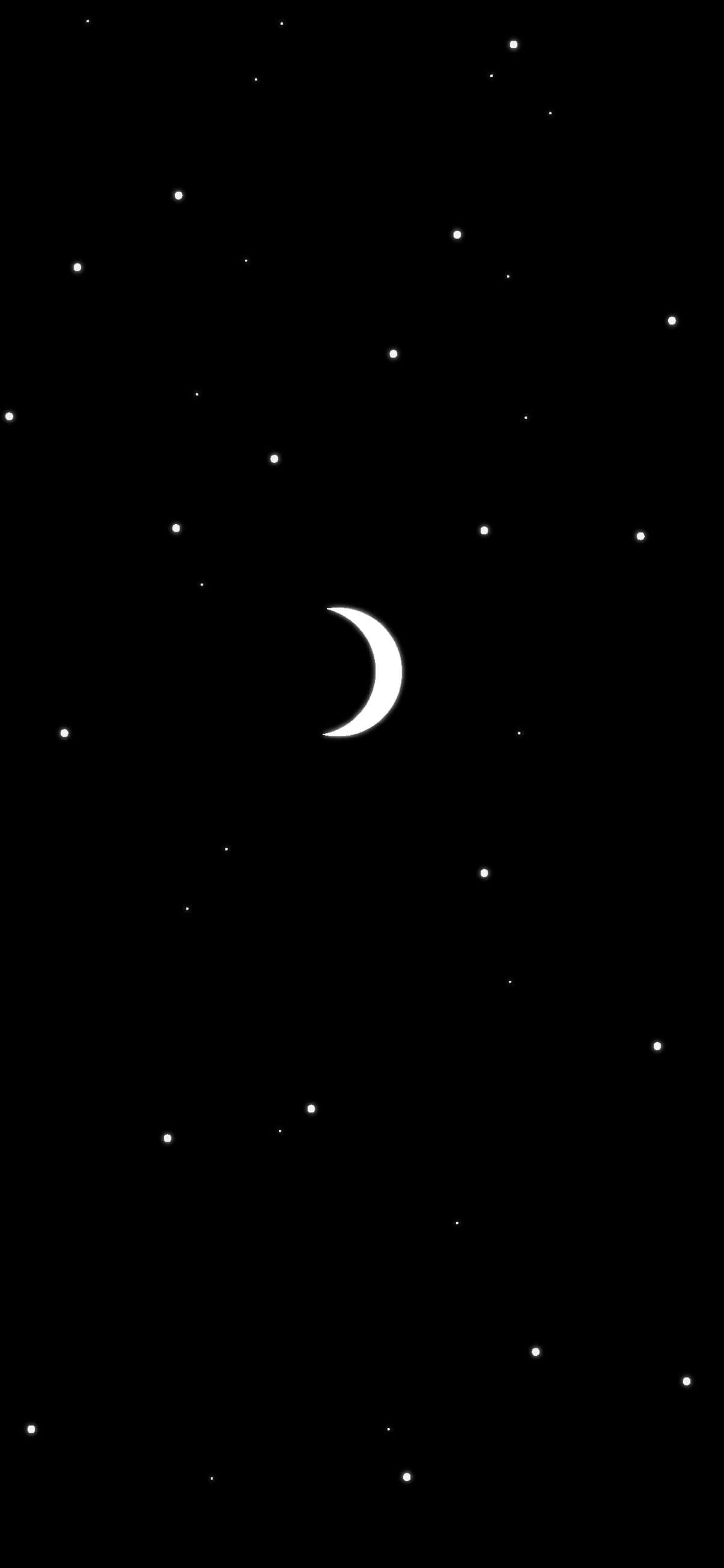 Moon And Stars Phone 桌布 壁紙 — 一個極簡風格的夜空，新月和散落的星星點綴在深黑色背景上。