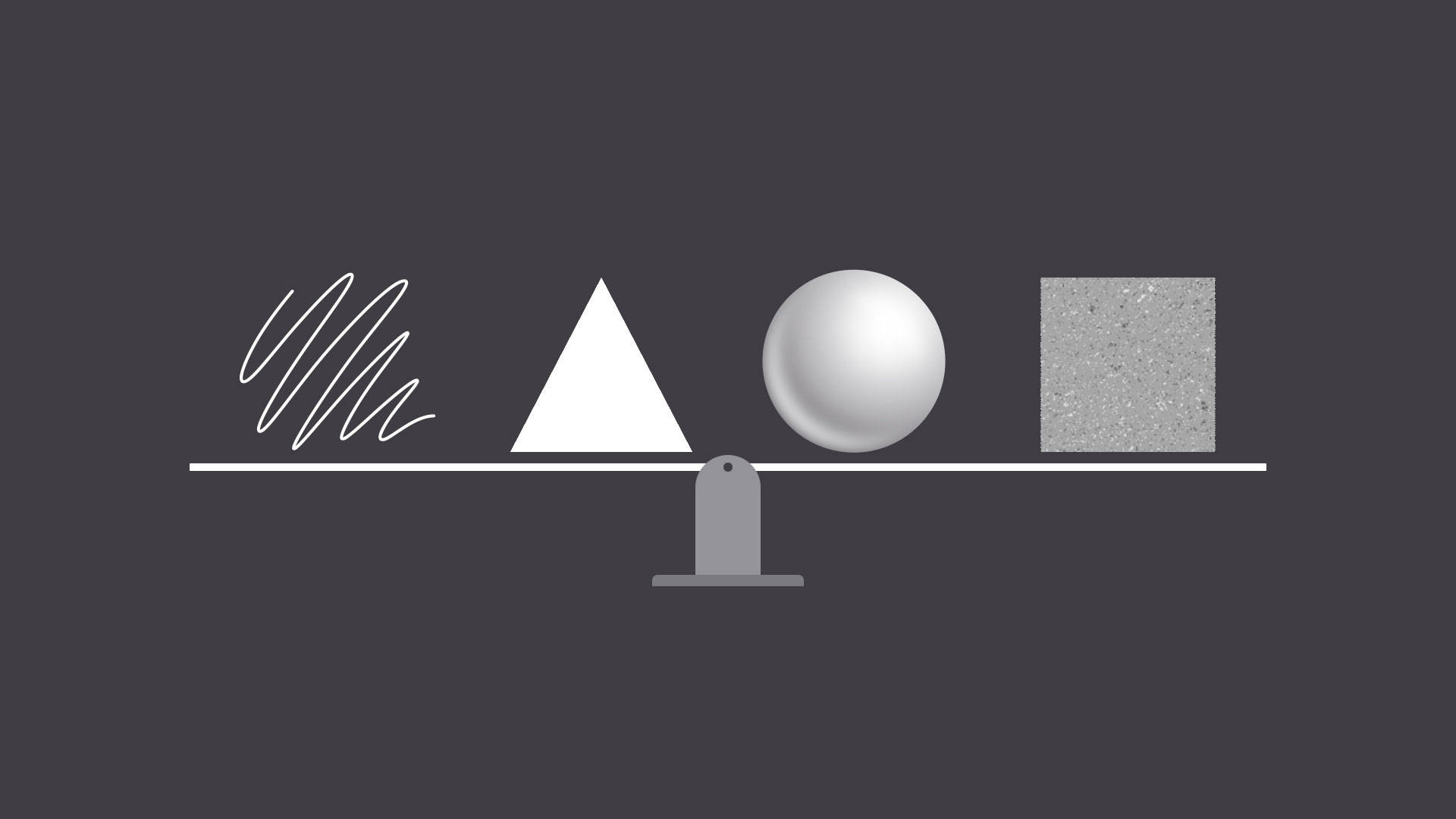 Gray Aesthetic 桌布 壁紙 — 一個極簡風格的天平，在深灰色背景上托著抽象形狀，包括塗鴉三角形、球體和有紋理的正方形。