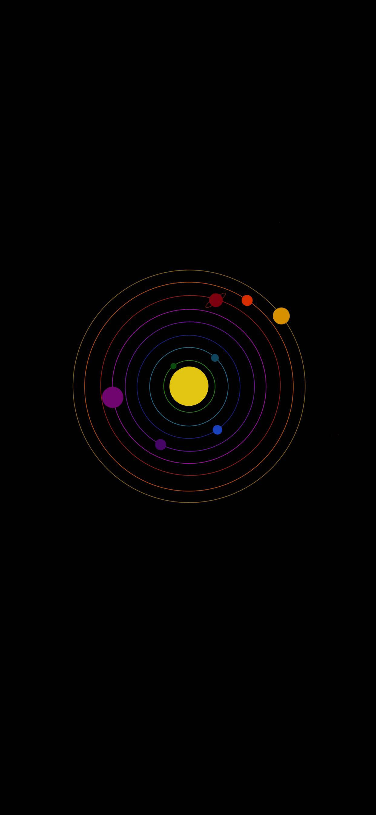 Solar System HD 桌布 壁紙 — 一個極簡風格的太陽系插圖，包含一顆黃色太陽和色彩繽紛的行星，在黑色太空背景下沿著發光軌道運行。