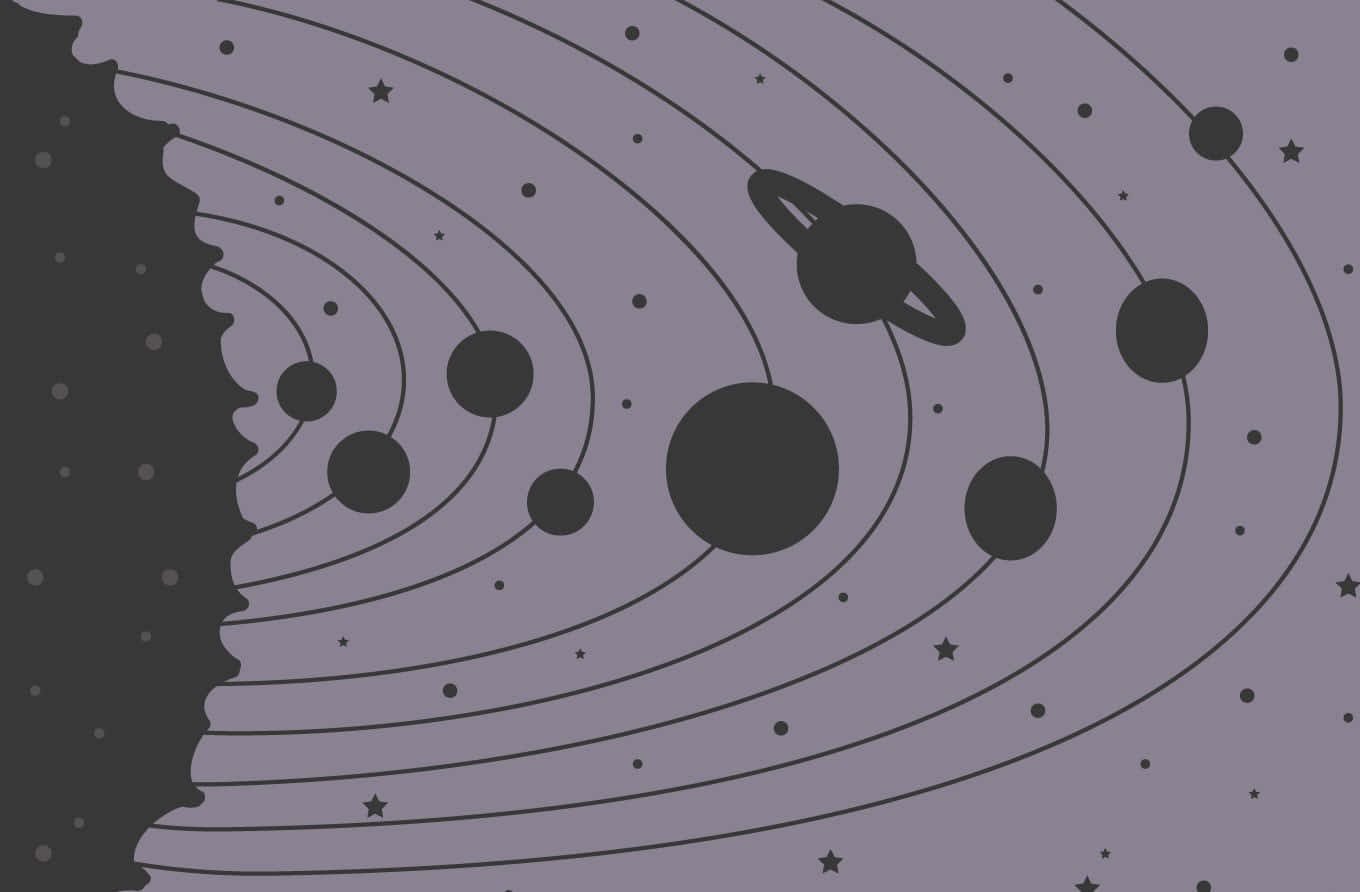 太陽系 桌布 壁紙 — 一個極簡風格的太陽系插圖，深色行星在彎曲軌道上運行，背景是柔和的紫色星空。