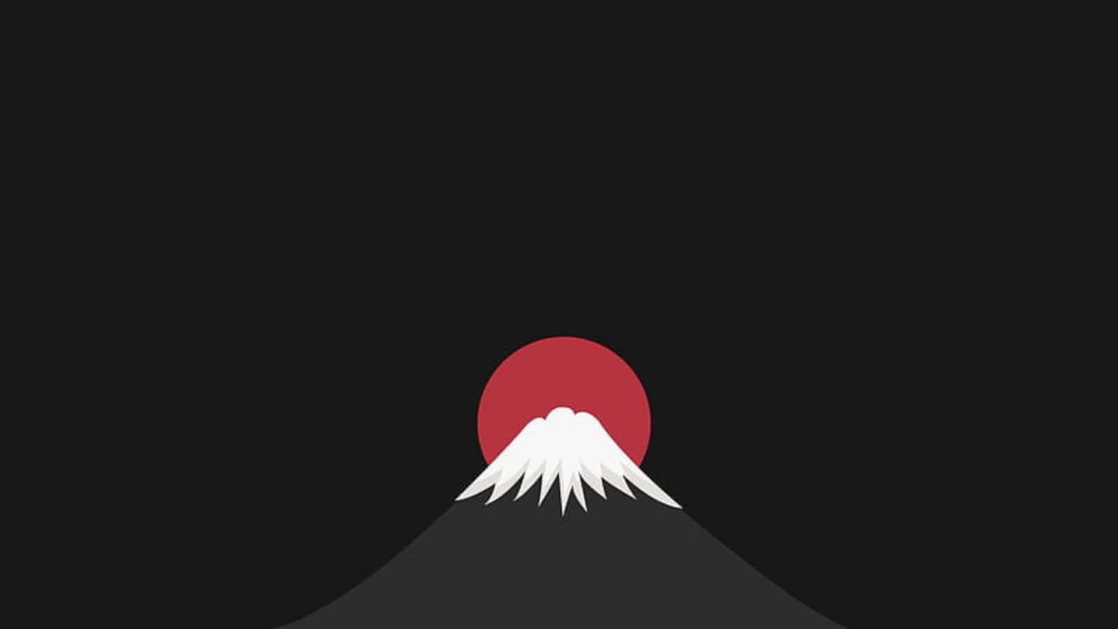 藝術 桌布 壁紙 — 一個極簡風格的富士山剪影，山頂積雪，從紅色太陽中浮現，背景為黑色。