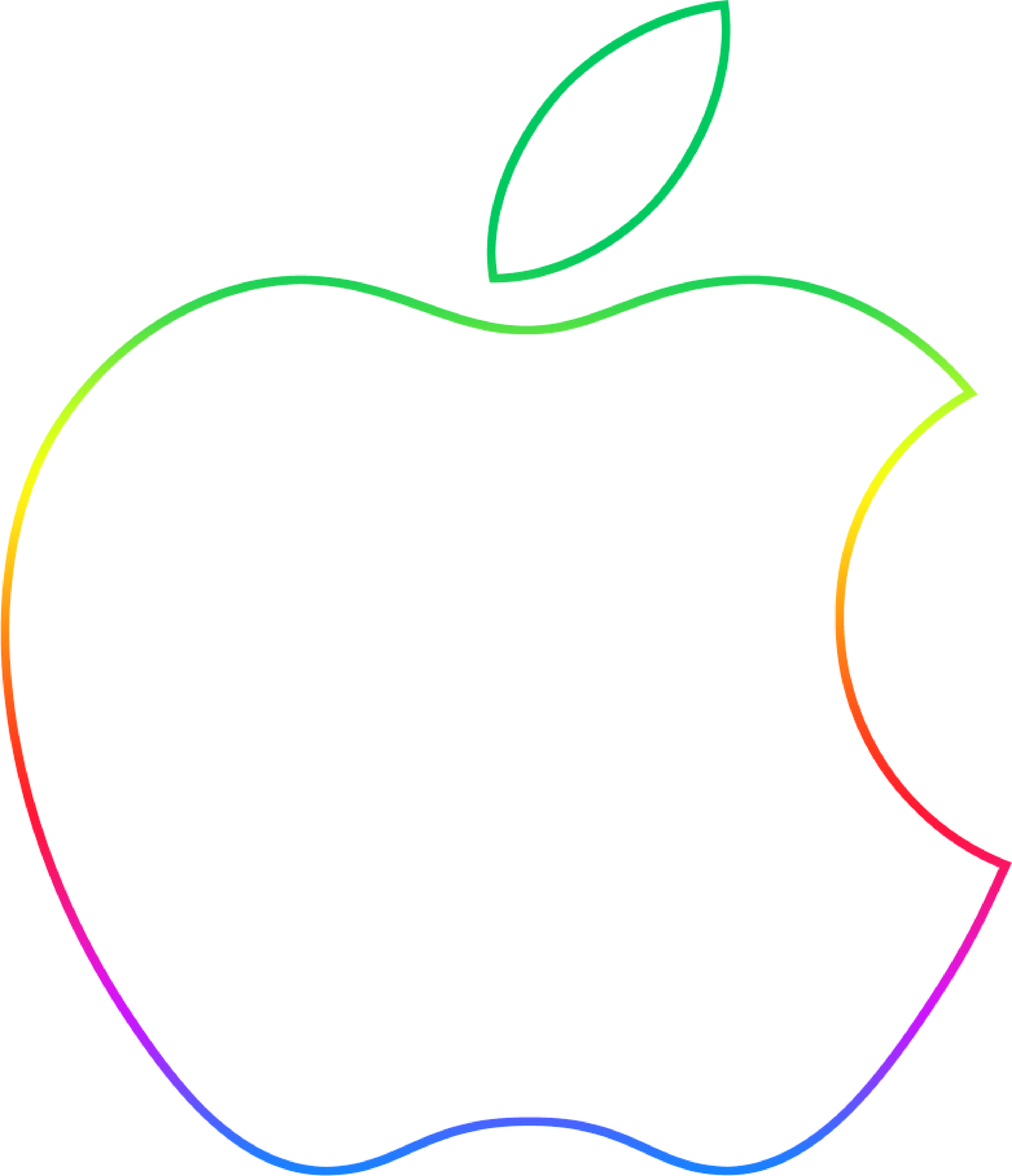 Mac 桌布 壁紙 — 一個極簡風格的彩虹輪廓蘋果標誌，帶有咬痕和葉子，背景為純白色。