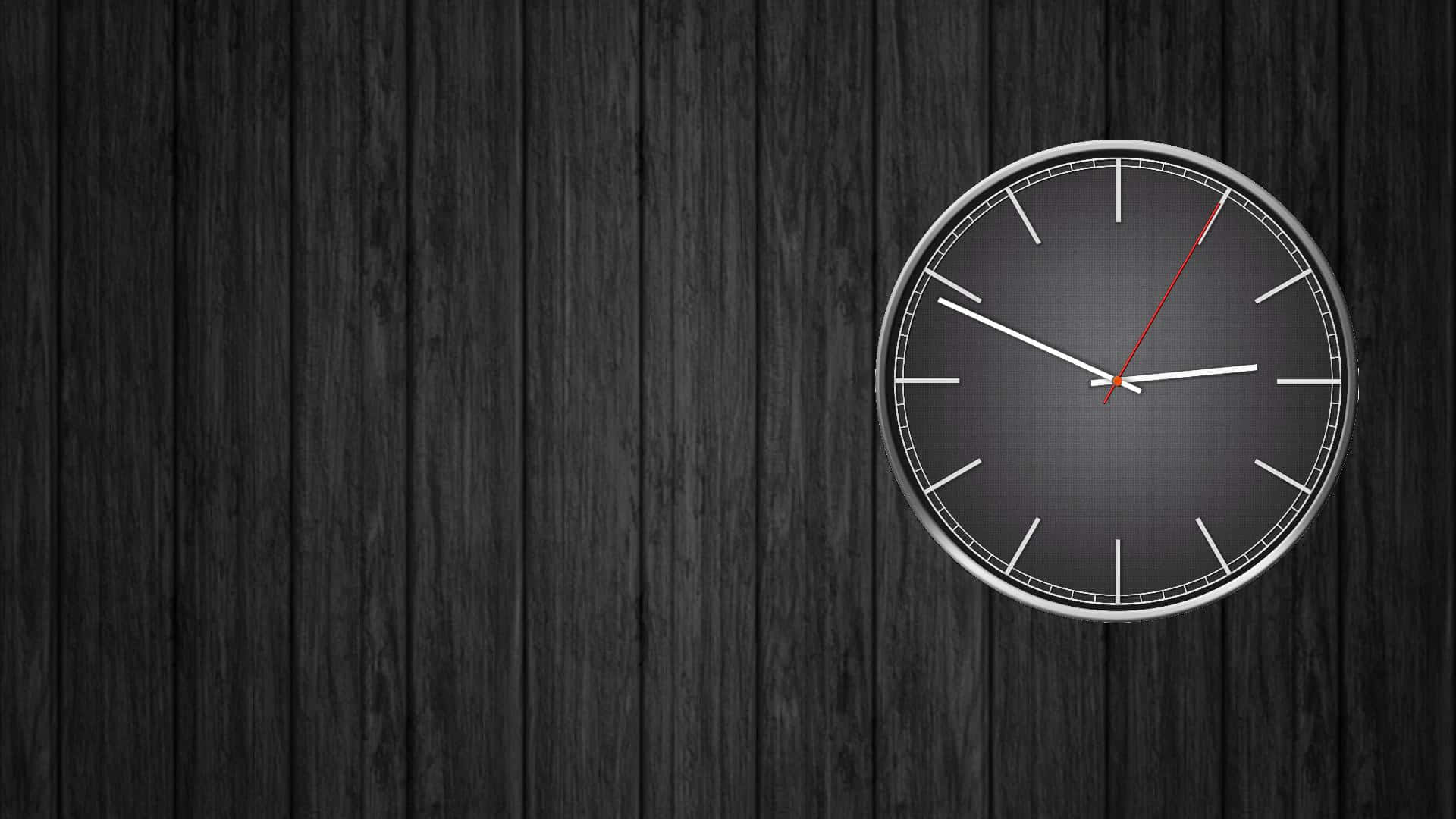 Clock 桌布 壁紙 — 一個極簡風格的掛牆時鐘，帶有銀色邊框和紅色秒針，掛在深色木板上。