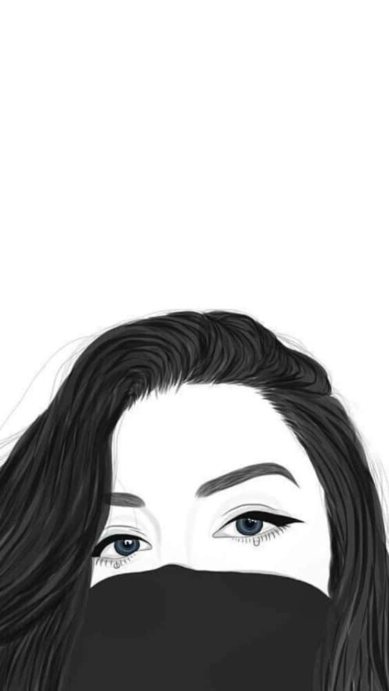 桌布 壁紙 — 一個極簡風格的數位插圖，描繪一位女性的眼睛和深色頭髮從黑色口罩下方窺視，背景為純白色。