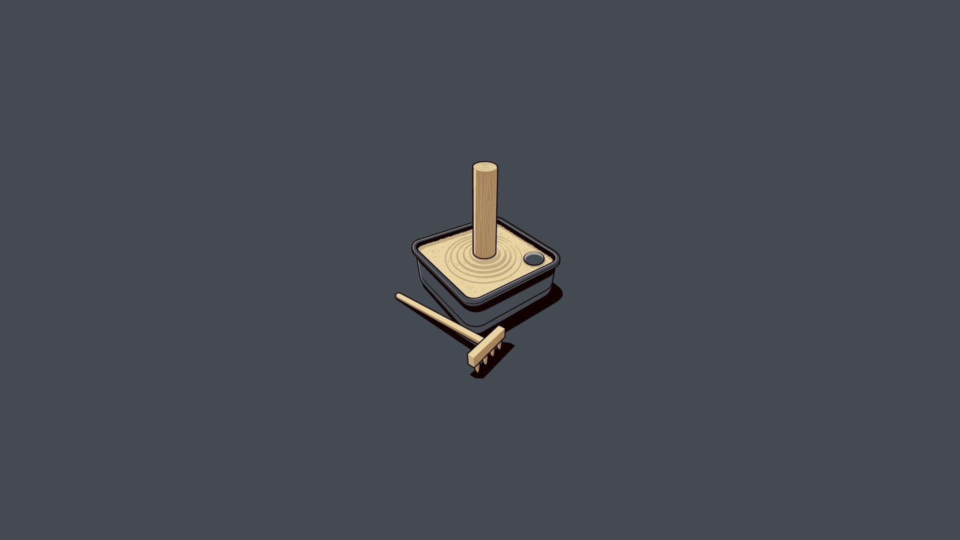 1920 X 1080 Minimalist 桌布 壁紙 — 一個極簡風格的數位插圖，描繪了一個沙園，帶有木耙和中央柱子，背景為深灰色。