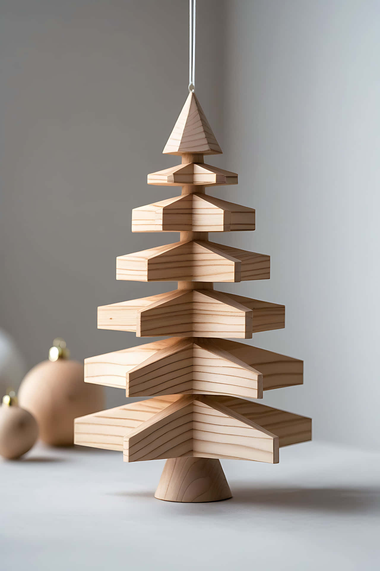 Modern wooden christmas tree decoration 壁紙 — 一個極簡風格的木製聖誕樹裝飾，具有幾何階梯層次，懸掛在柔和的灰色背景上。