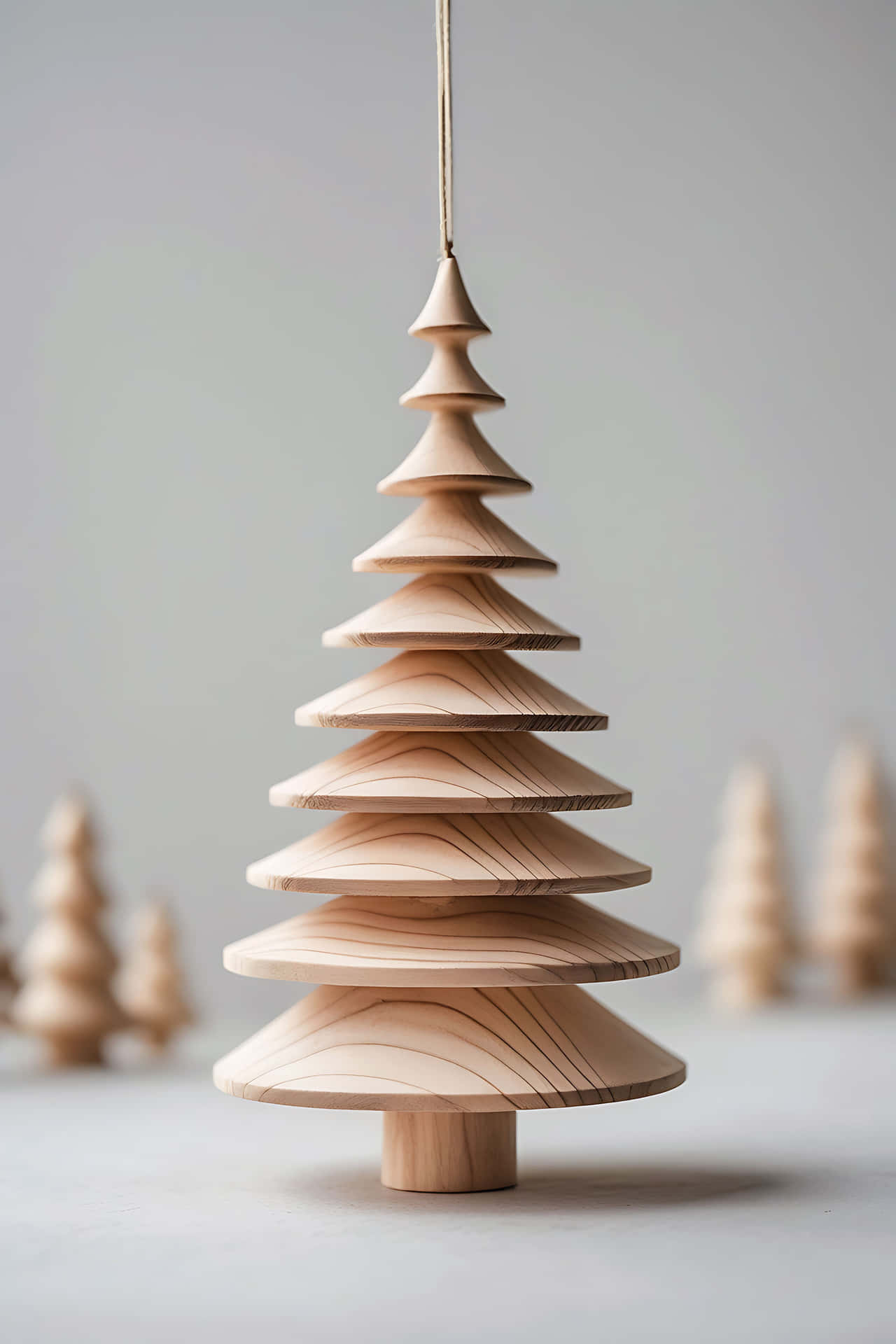 Handcrafted wooden christmas tree ornament 壁紙 — 一個極簡風格的木製聖誕樹裝飾，帶有層疊圓形層次，懸掛在柔和的灰色背景上，遠處有模糊的類似樹木。