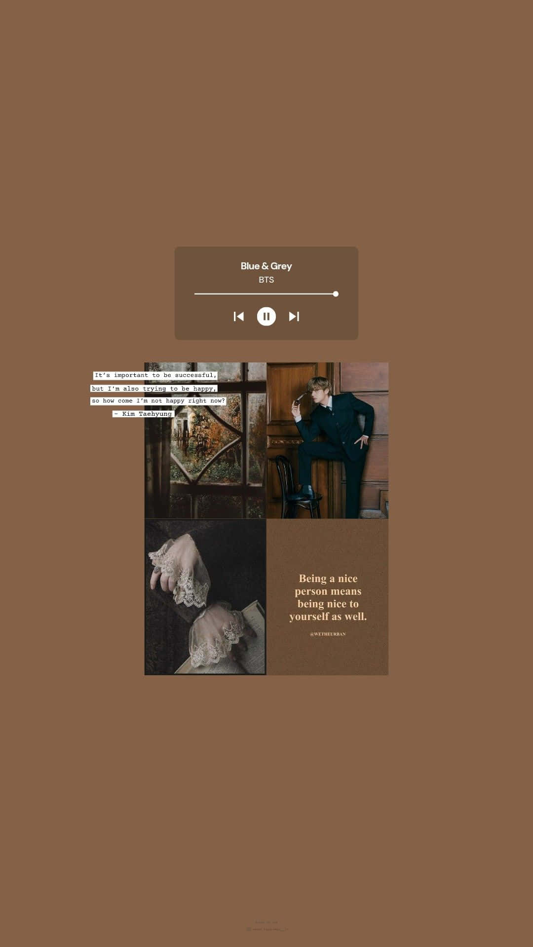 Korean Beige Aesthetic 桌布 壁紙 — 一個極簡風格的棕色桌布拼貼，包含一位穿西裝的男子、蕾絲手套和一個顯示BTS歌詞的音樂播放器。