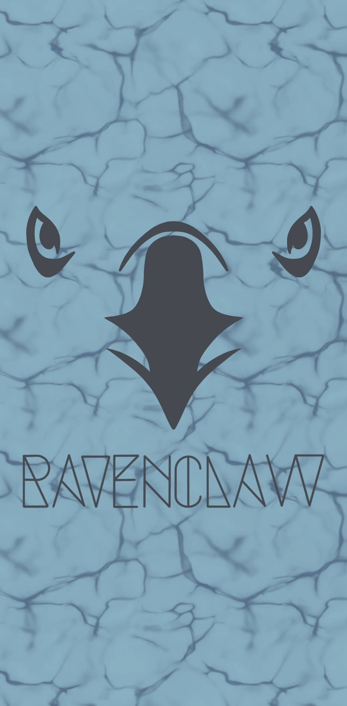Ravenclaw 桌布 壁紙 — 一個極簡風格的標誌，包含一隻風格化的烏鴉頭部，帶有眼睛，以及單詞 ravenclaw，背景為裂紋藍色。