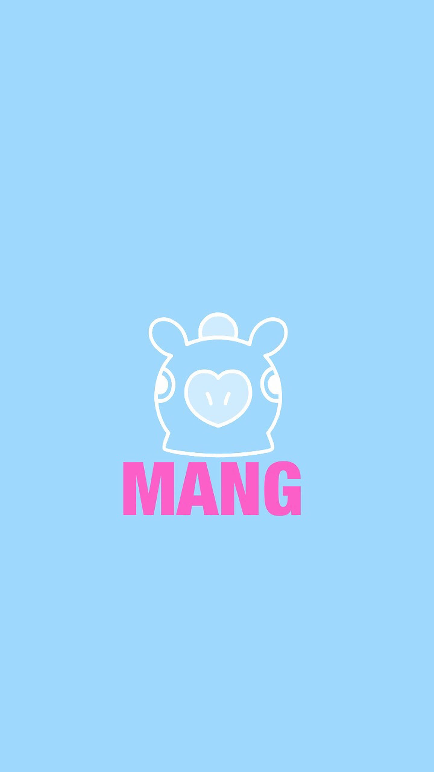 mang bt21 桌布 壁紙 — 一個極簡風格的標誌，可愛的小豬帶有心形臉，淺藍色背景上有粉紅色的「MANG」文字。