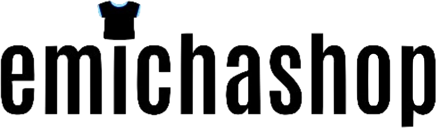海地 桌布 壁紙 — 一個極簡風格的標誌，白色輪廓的 emichashop 文字在黑色背景上，上方有一個藍色的小T恤圖示。