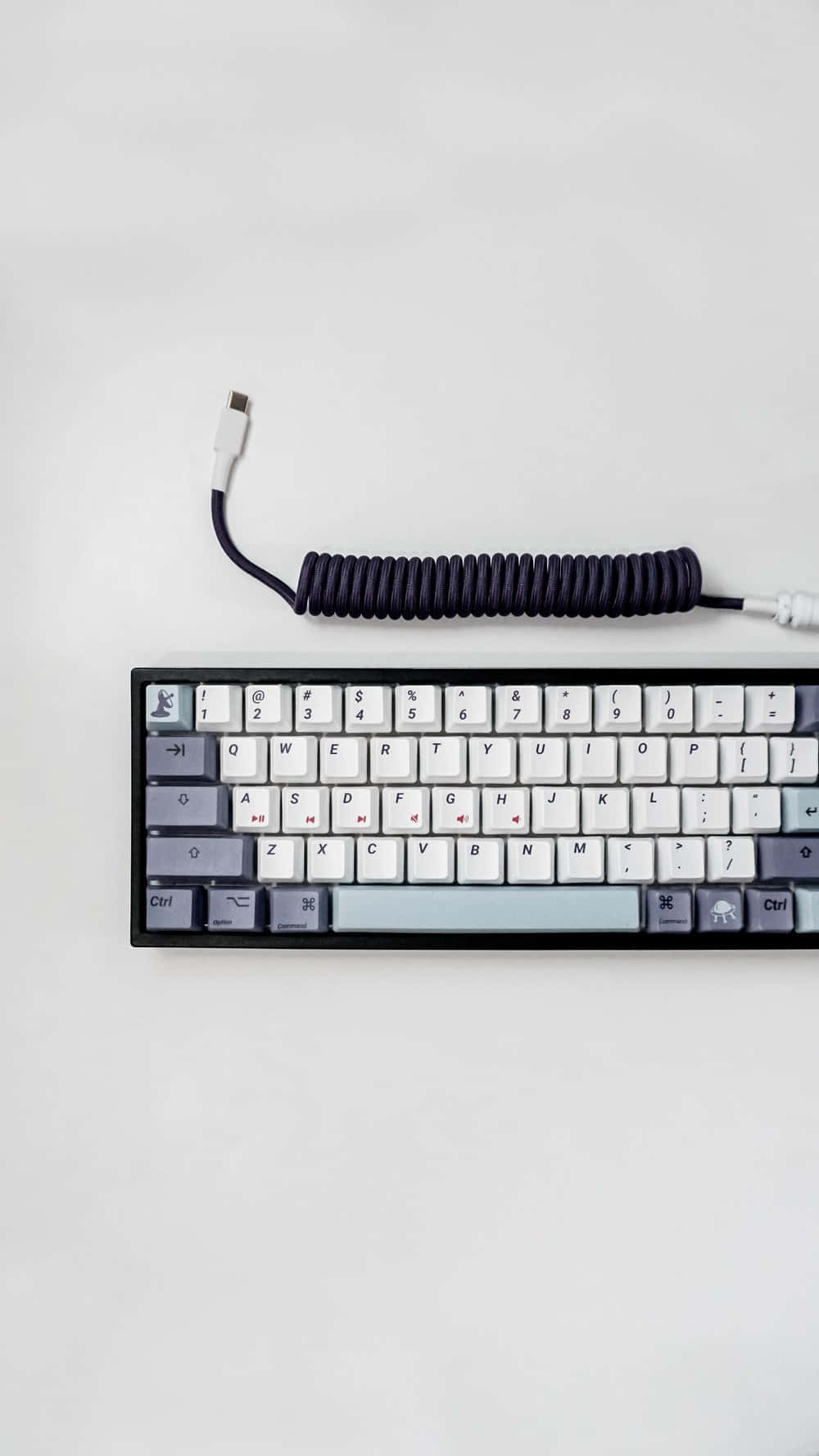Cute Keyboard 桌布 壁紙 — 一個極簡風格的機械鍵盤，帶有白色和灰色按鍵以及一條盤繞的黑色線纜，放置在純白色表面上。