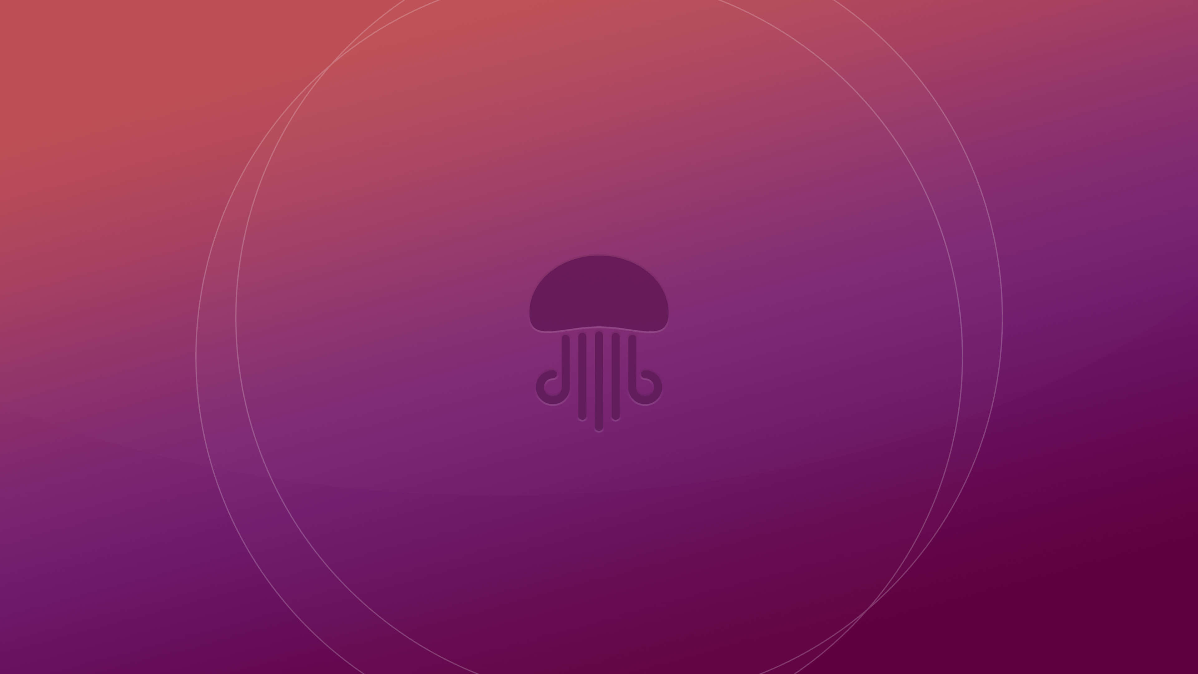 Ubuntu 4K 桌布 壁紙 — 一個極簡風格的水母剪影漂浮在微弱的同心圓內，背景為紫色和粉紅色的漸變色。