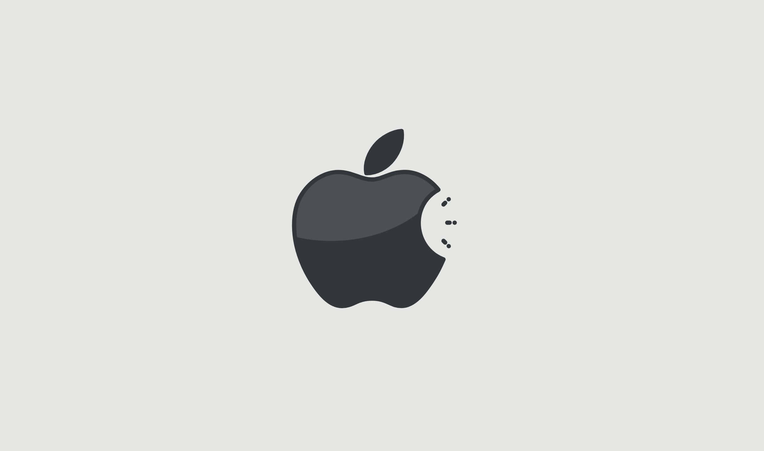 Black Apple Logo 桌布 壁紙 — 一個極簡風格的深灰色蘋果標誌，帶有咬痕和葉子，居中於淺灰色背景上。