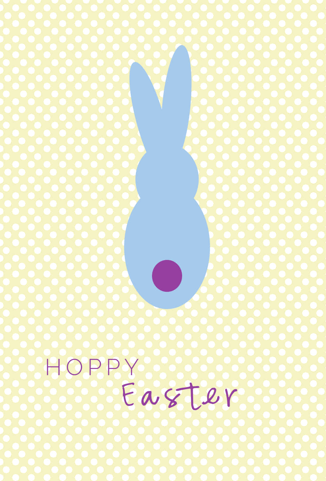 Cute Easter iPhone 桌布 壁紙 — 一個極簡風格的淺藍色兔子剪影，帶有紫色鼻子，站在淺黃色圓點背景上，並有「HOPPY Easter」文字。