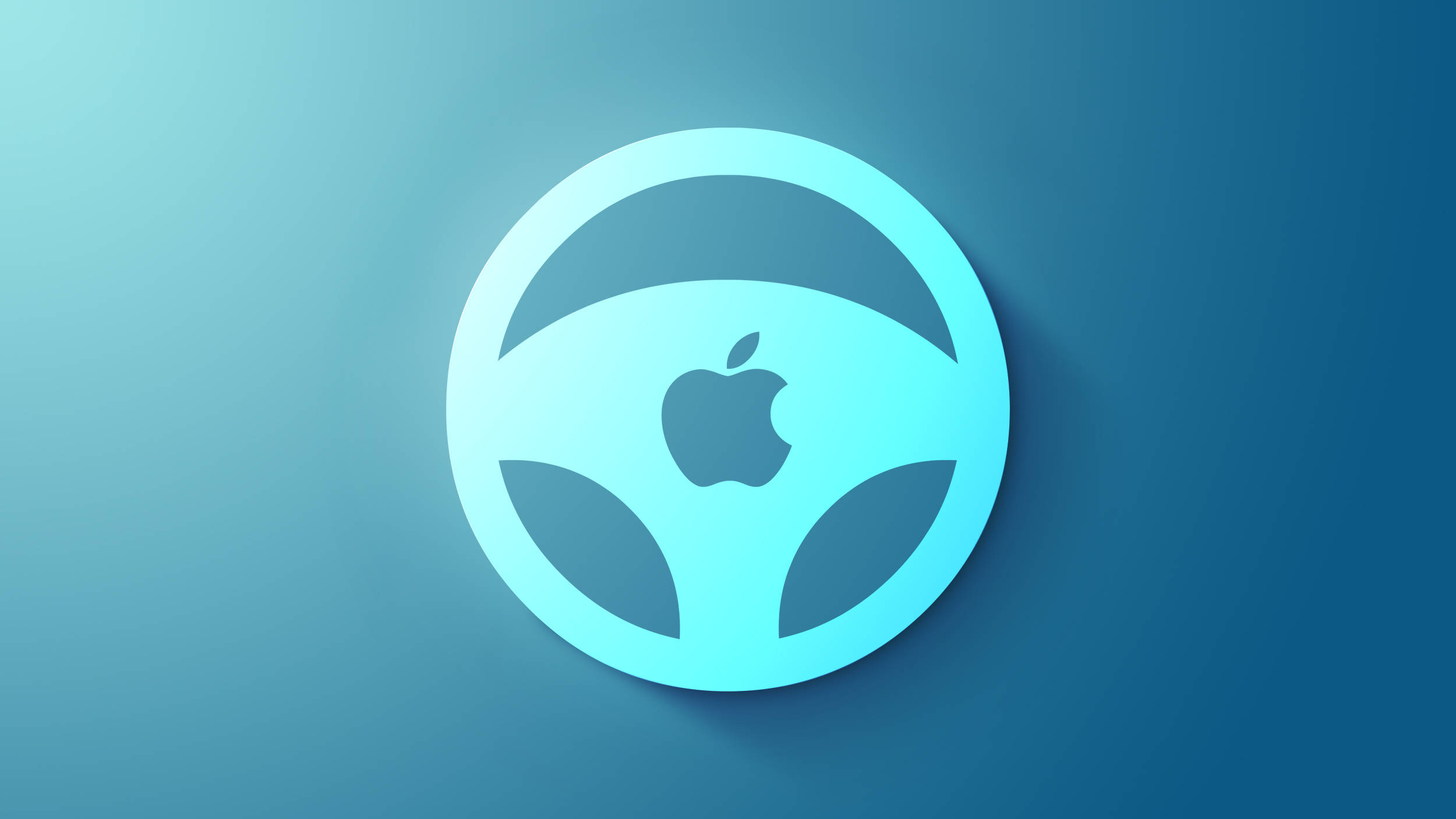 桌布 壁紙 — 一個極簡風格的淺藍色方向盤圖示，中央帶有Apple標誌，背景為漸變藍色。