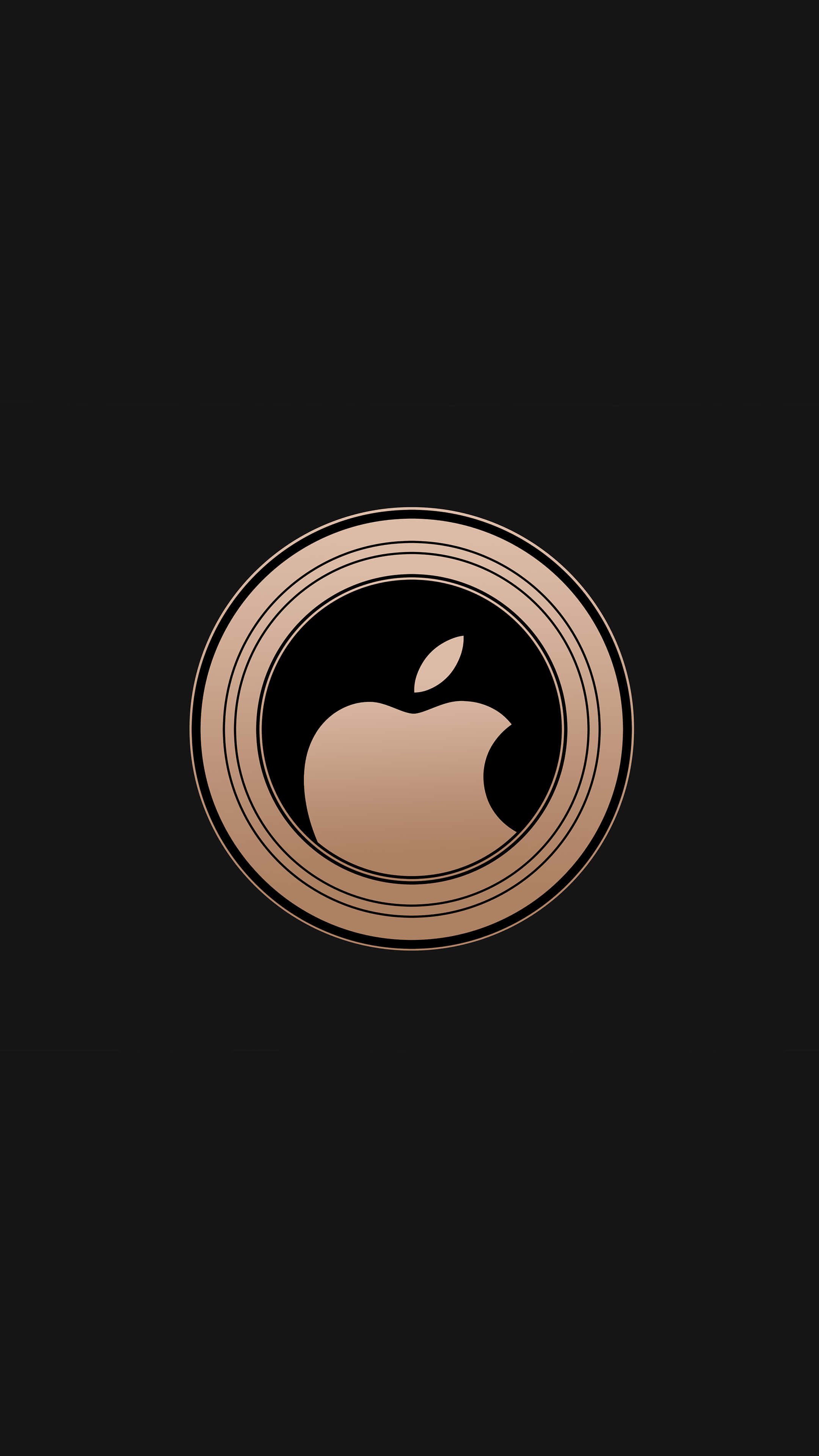 黑色 iPhone 桌布 桌布 壁紙 — 一個極簡風格的玫瑰金色Apple標誌，居中放置在圓形框架內，背景為純黑色。
