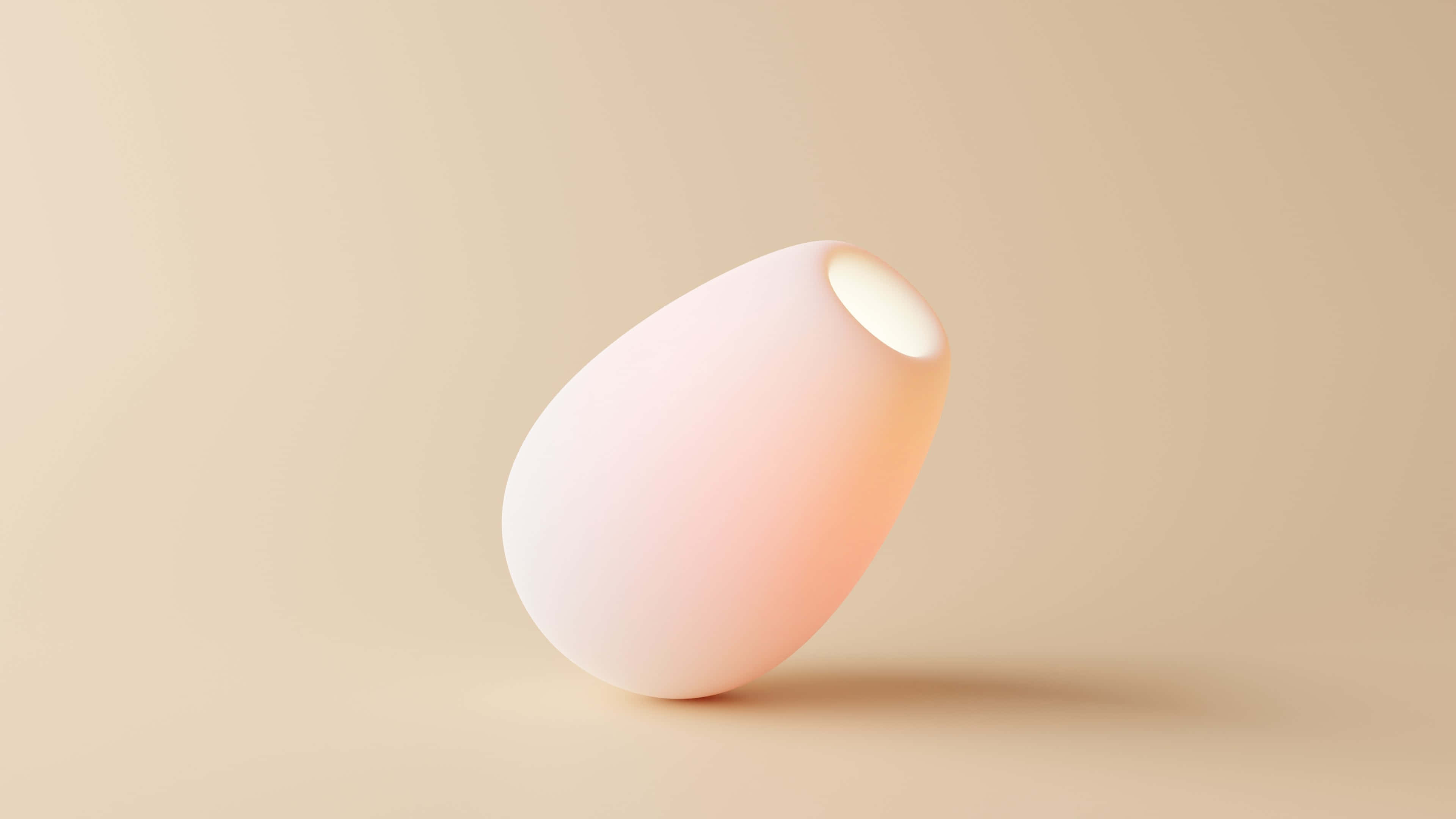 3D 桌布 壁紙 — 一個極簡風格的發光粉紅色蛋形物體放置在柔軟的米色表面上，投下柔和的陰影。