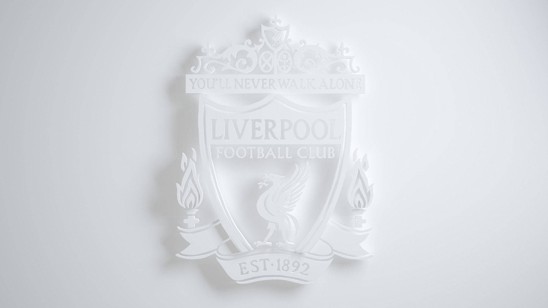 Liverpool Fc 桌布 壁紙 — 一個極簡風格的白色3D利物浦足球俱樂部徽章，帶有利物鳥和格言，安裝在素牆上。