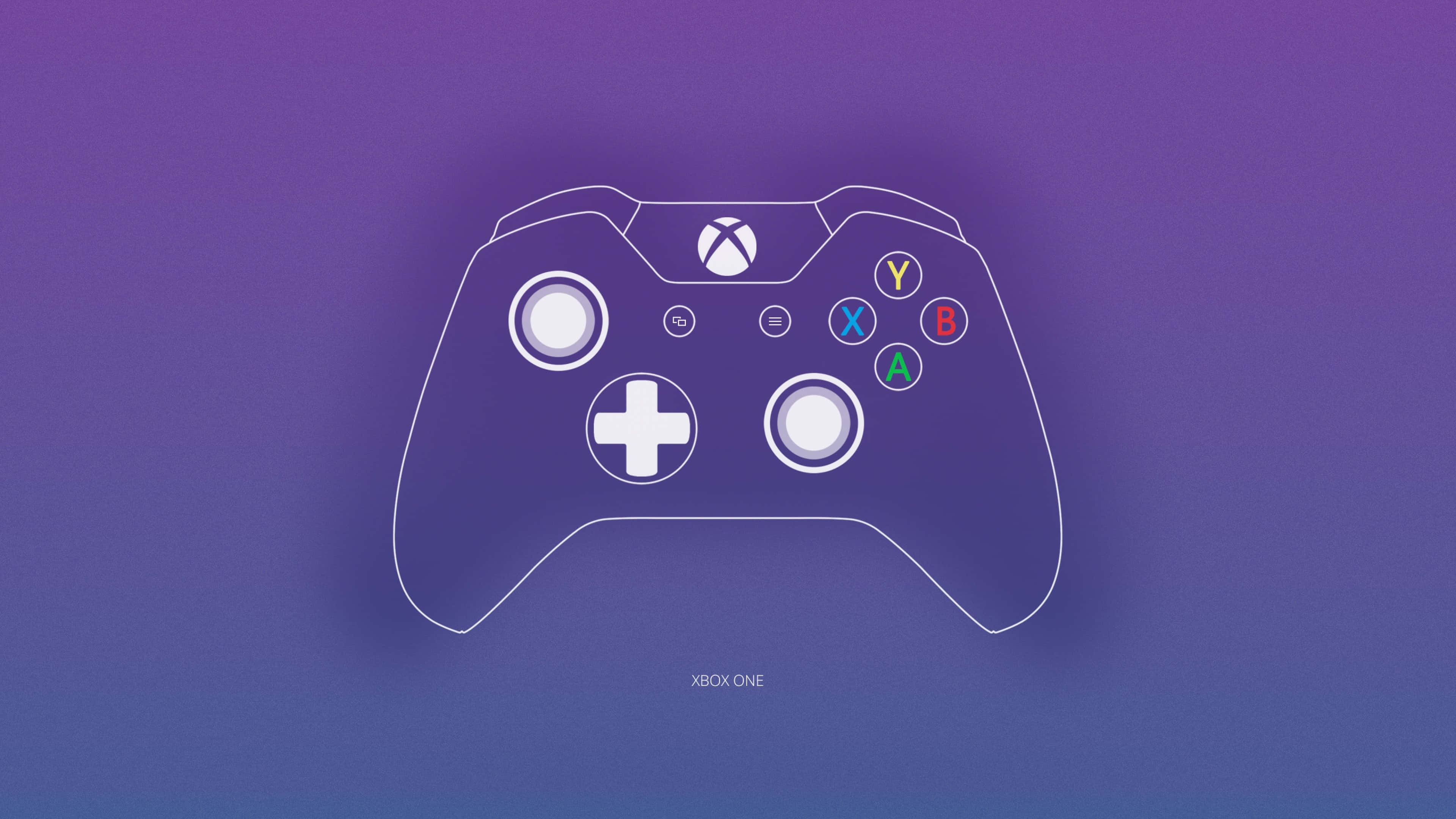 4K Gaming Consoles 桌布 壁紙 — 一個極簡風格的白色Xbox One手把輪廓漂浮在紫色和藍色漸變背景上。