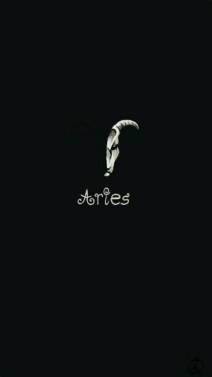 牡羊座美學 桌布 壁紙 — 一個極簡風格的白色公羊頭和「Aries」文字在純黑色背景上發光。