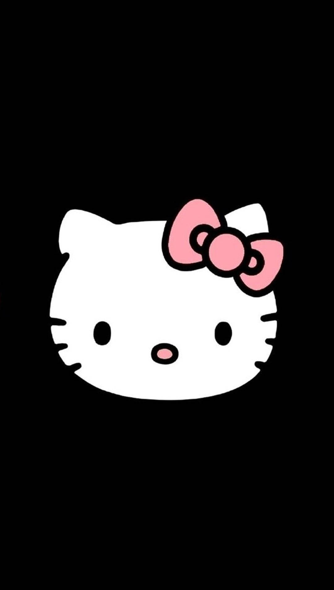 Kitty 桌布 壁紙 — 一個極簡風格的白色卡通貓臉，中央有一個粉紅色蝴蝶結，位於純黑色背景上。