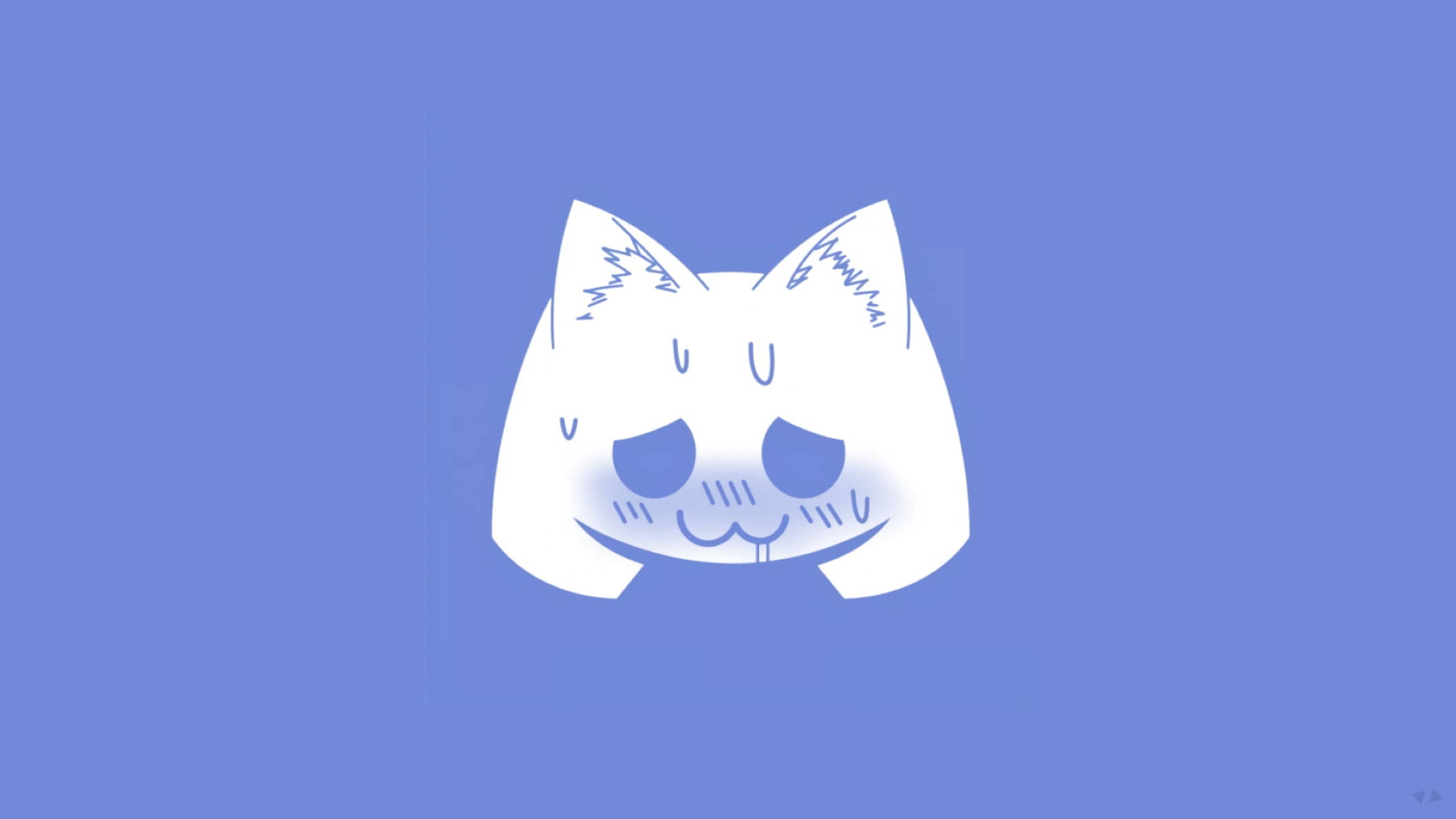 Discord 桌布 壁紙 — 一個極簡風格的白色卡通貓臉，帶有睡眼和微笑，襯以純藍色背景。