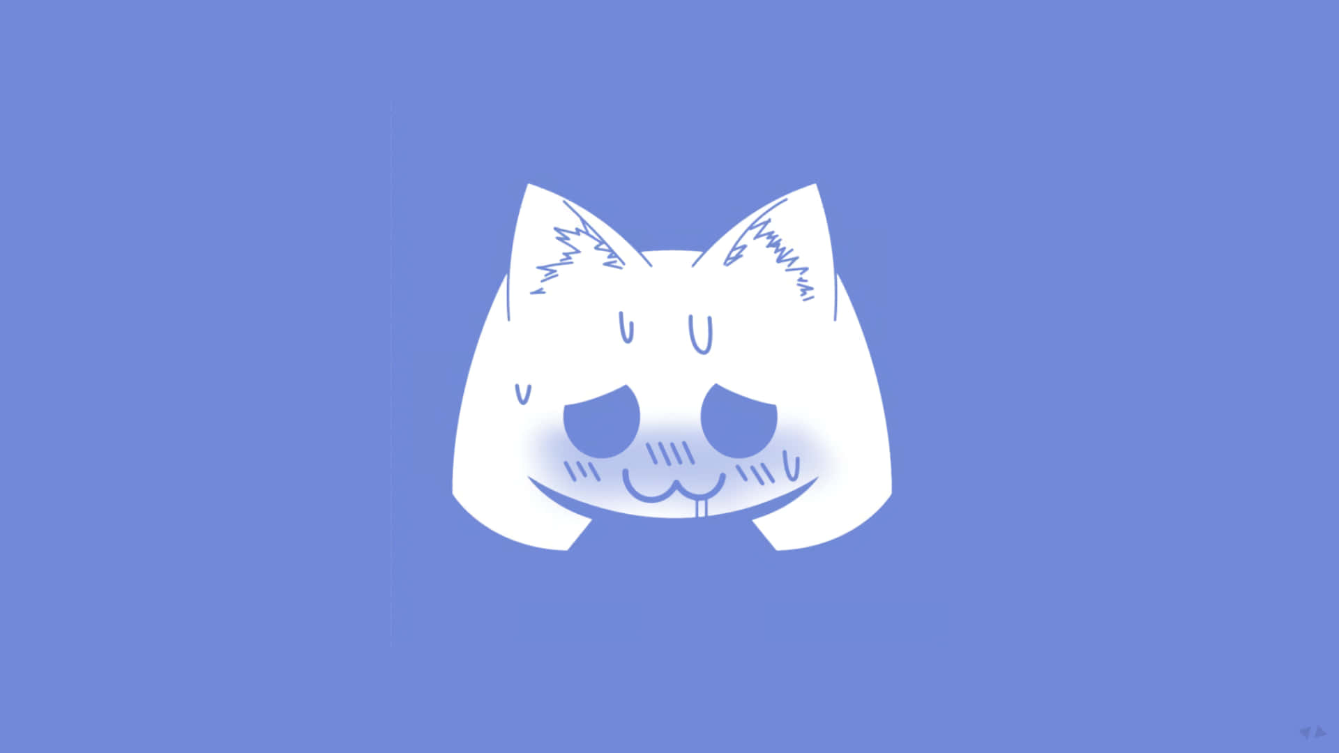 Discord 桌布 壁紙 — 一個極簡風格的白色卡通貓臉，帶有睡眼和微笑，在純藍色背景上。