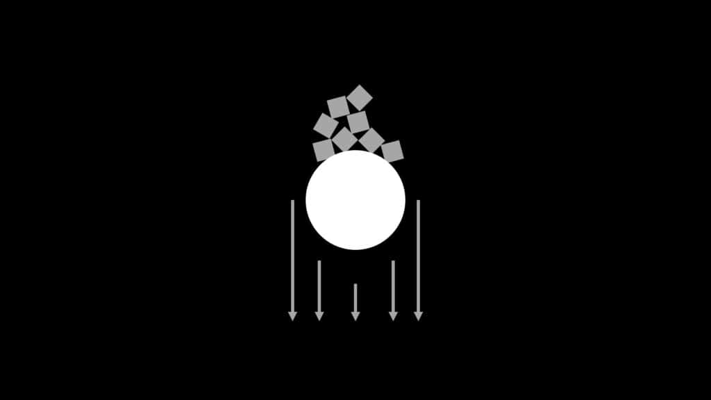 Shapes 桌布 壁紙 — 一個極簡風格的白色圓圈，帶有墜落的灰色立方體和箭頭，背景為黑色。