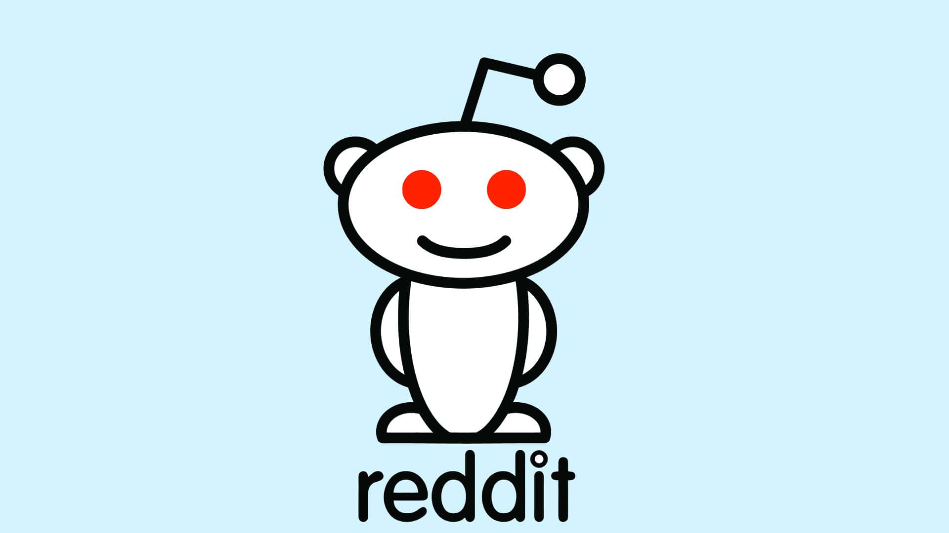 reddit 桌布 壁紙 — 一個極簡風格的白色外星人吉祥物，有紅色眼睛和天線，站在淺藍色背景上，下方有reddit字樣。