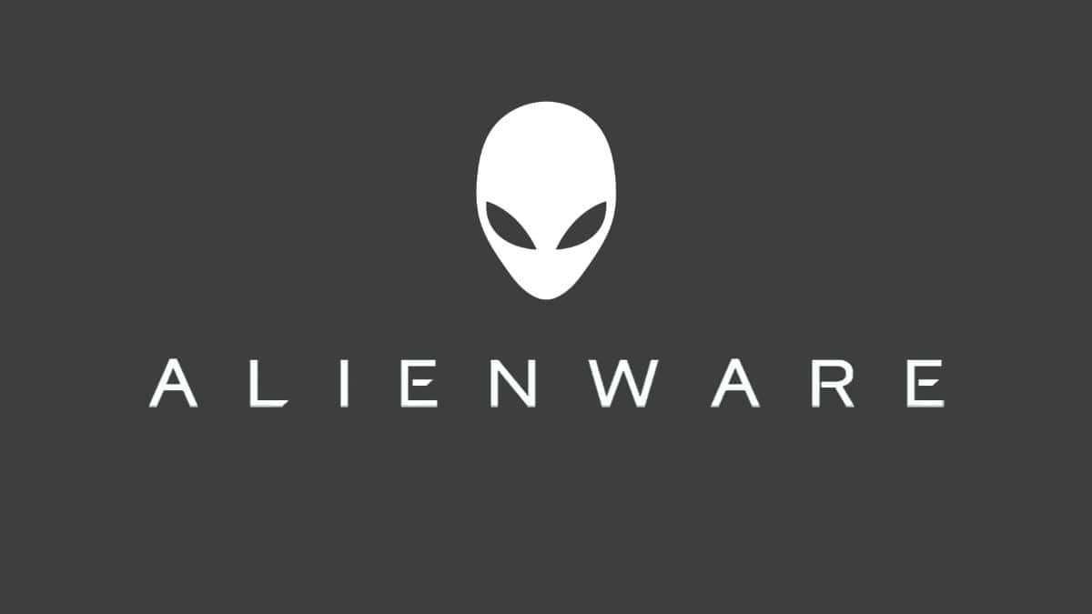 外星人 桌布 壁紙 — 一個極簡風格的白色外星人頭標誌和 'ALIENWARE' 文字居中在深灰色背景上。