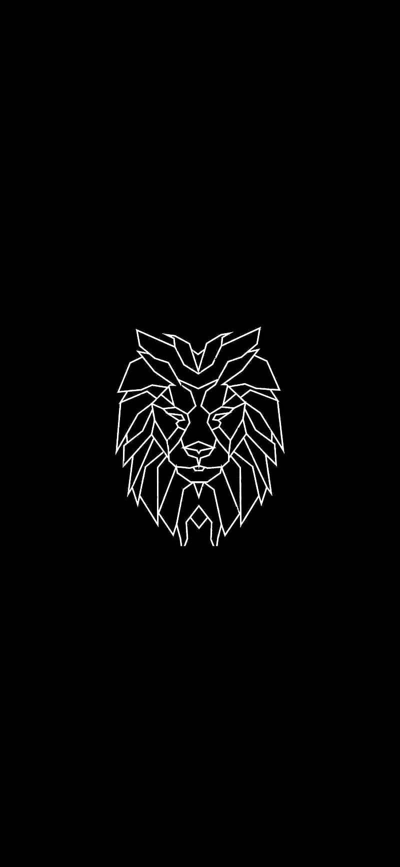 Leo 桌布 壁紙 — 一個極簡風格的白色幾何獅子頭剪影，居中放置在純黑色背景上。