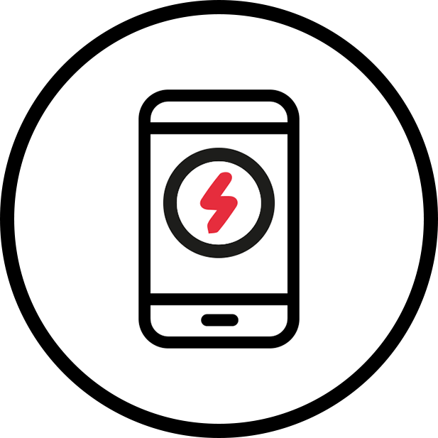 Mobile Phone Icon 桌布 壁紙 — 一個極簡風格的白色智慧型手機圖示，帶有紅色閃電符號，背景為黑色。