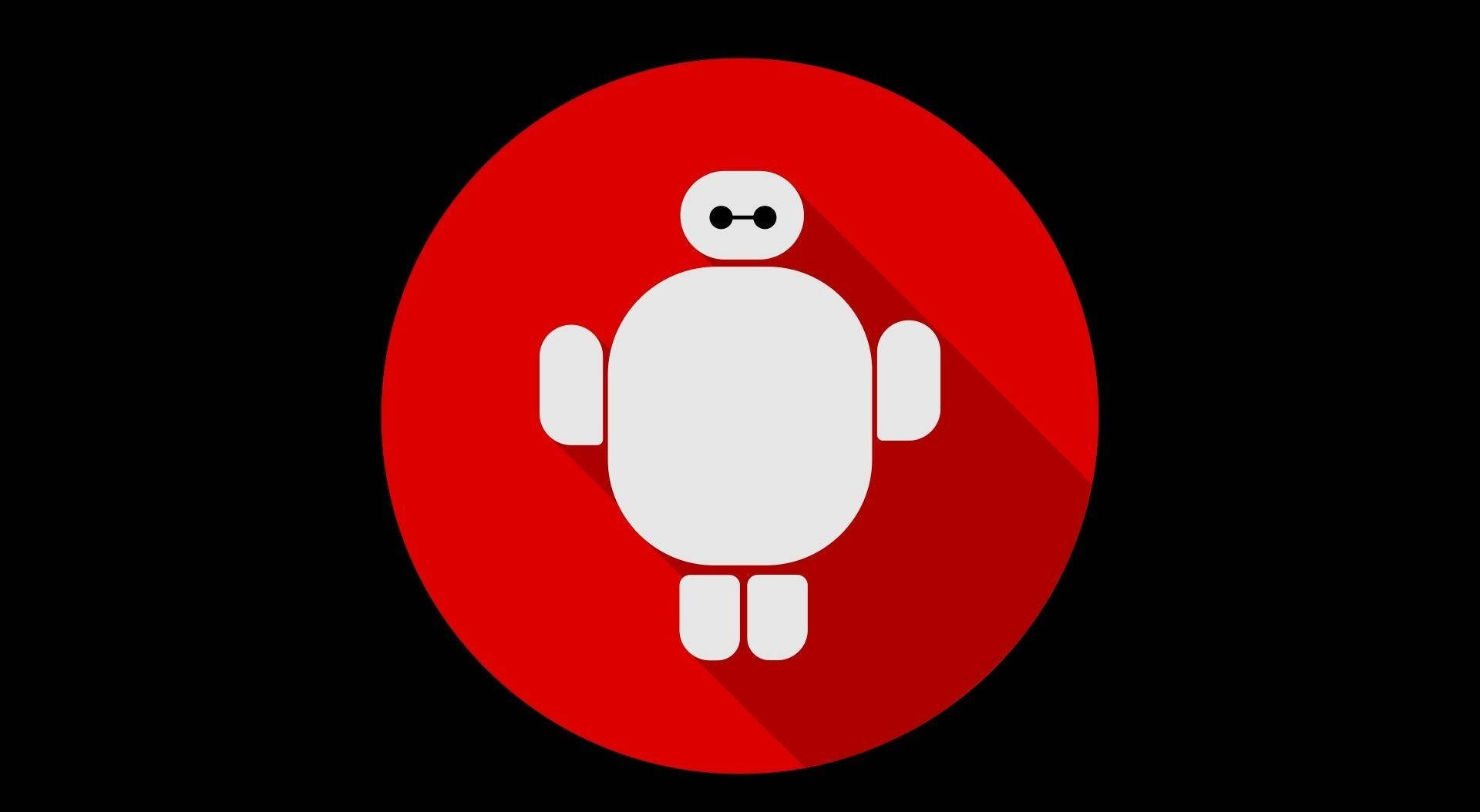 Baymax 桌布 壁紙 — 一個極簡風格的白色機器人圖示，帶有長陰影，位於黑色背景上一個大膽的紅色圓圈中央。