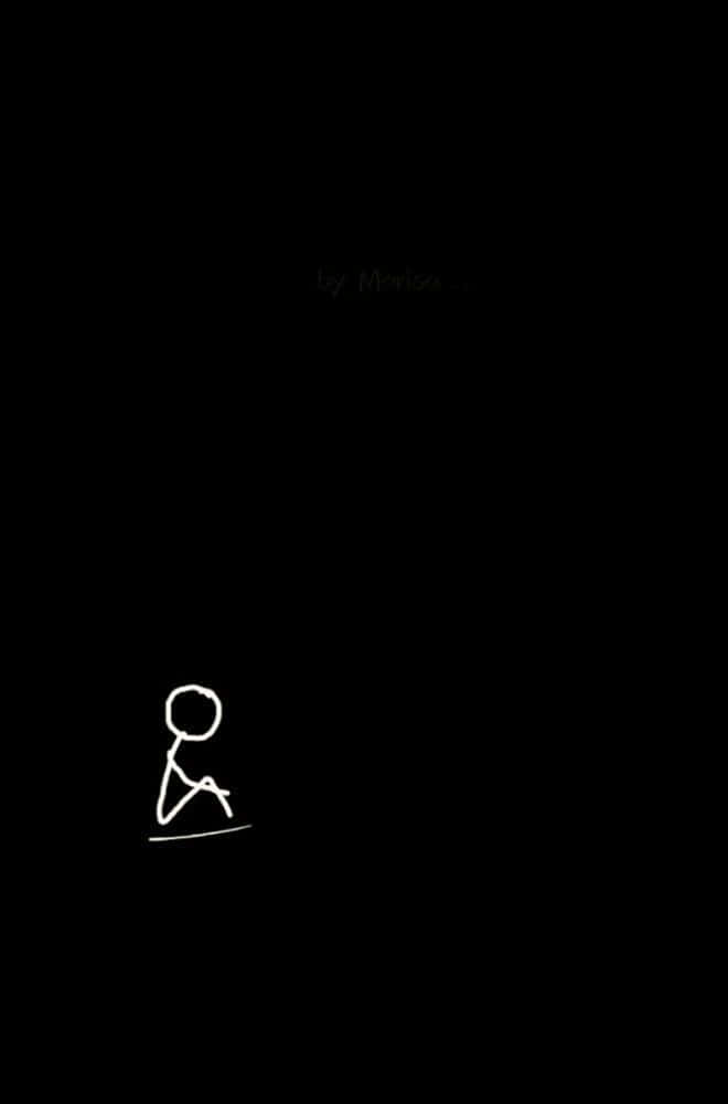 Sad Profile 桌布 壁紙 — 一個極簡風格的白色火柴人跪在一條線上，背景為純黑色，上方有模糊的文字。