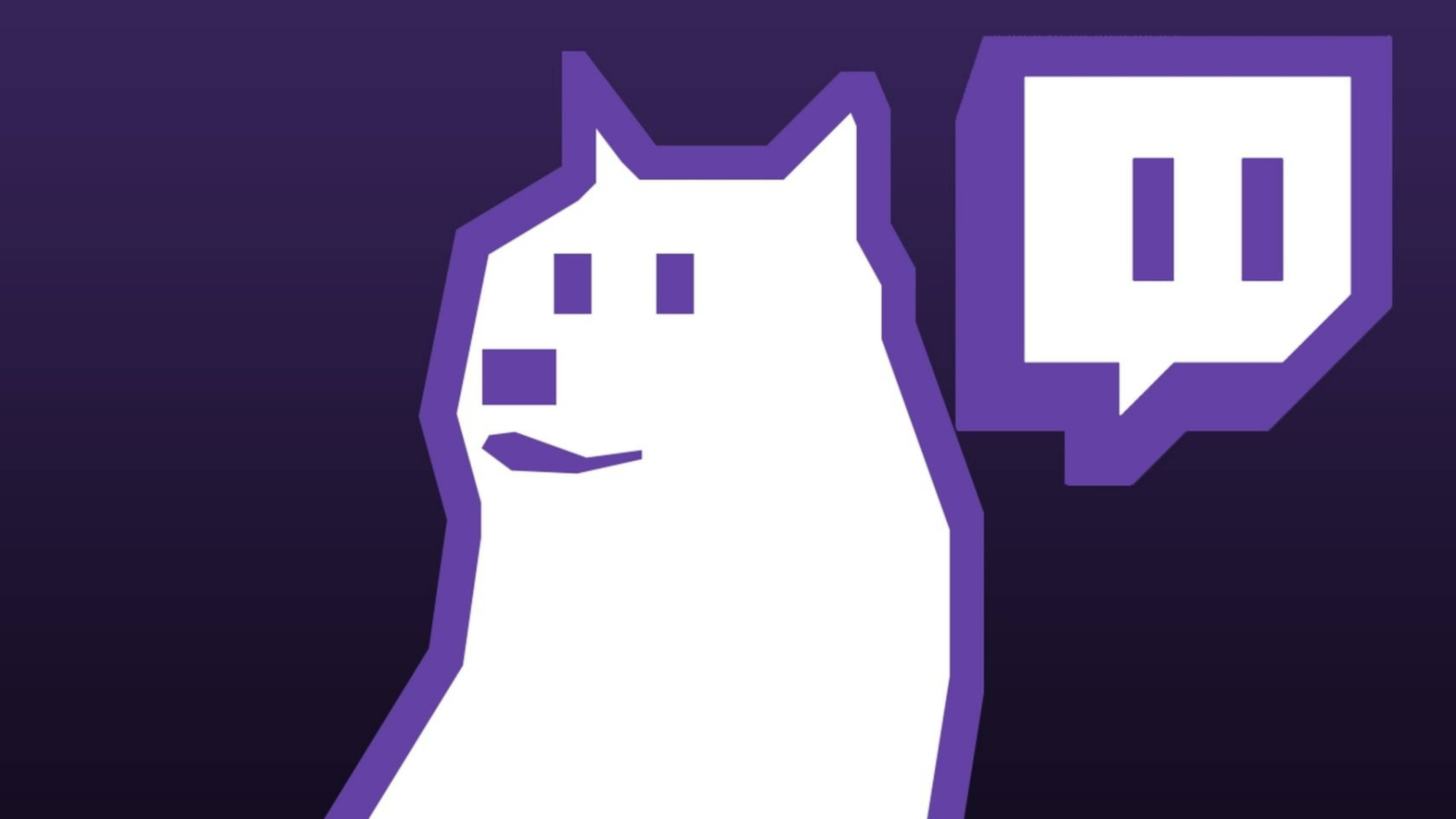 Twitch 桌布 壁紙 — 一個極簡風格的白色狗標誌，帶有紫色輪廓，旁邊是一個紫色的 Twitch 對話氣泡，背景為深紫色漸層。