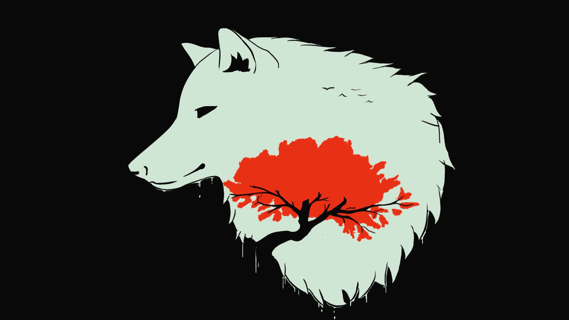 Wolf Minimalist 桌布 壁紙 — 一個極簡風格的白色狼剪影，胸前長出一棵鮮紅色的樹，背景為純黑色。