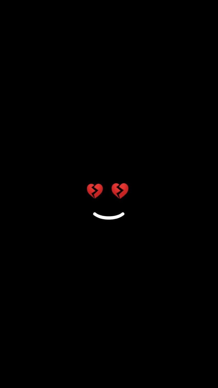 Broken Heart Aesthetics 桌布 壁紙 — 一個極簡風格的白色笑臉，帶有破碎的紅色心形眼睛，居中在純黑色背景上。