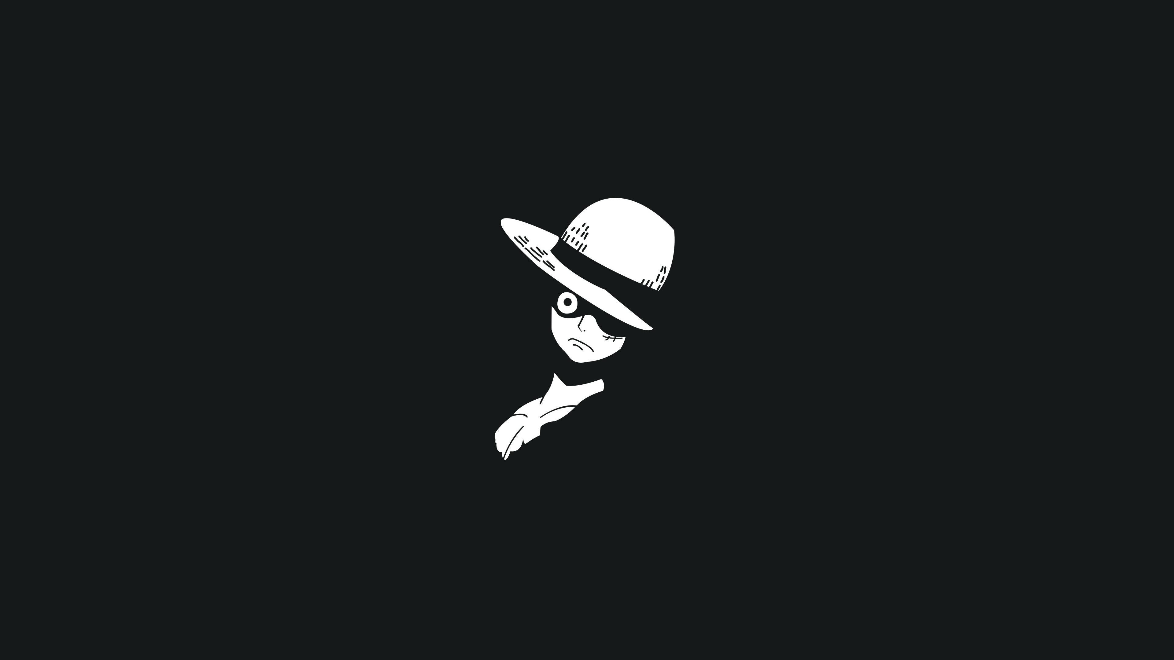 luffy 4K 桌布 壁紙 — 一個極簡風格的白色線條人物，戴著寬邊帽，只有一隻眼睛可見，凝視著純黑色背景。