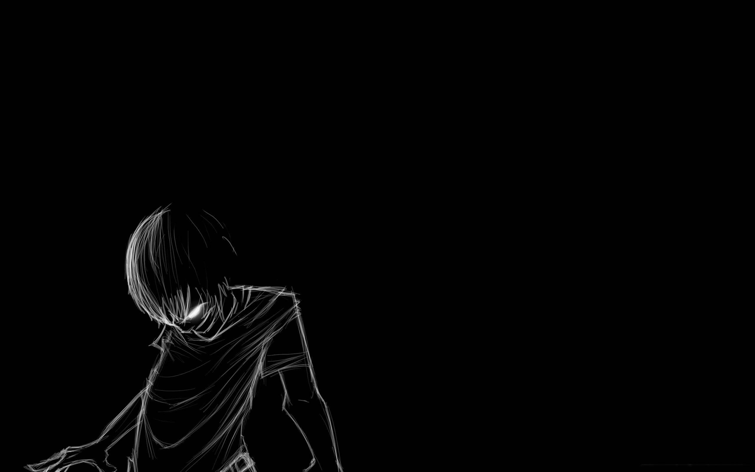 Alone Boy 桌布 壁紙 — 一個極簡風格的白色線條動漫人物，眼睛發光，蜷縮在黑暗中，傳達孤獨與內省。