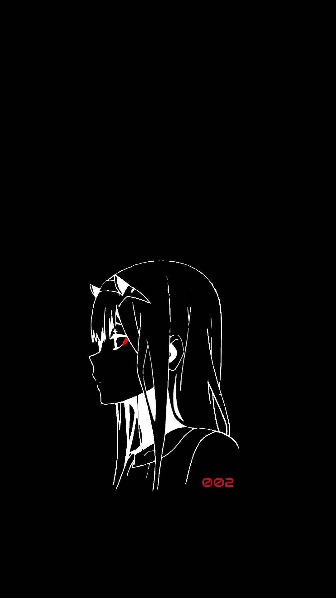 黑色動畫gif 桌布 壁紙 — 一個極簡風格的白色線條動漫女孩，帶有貓耳和紅色眼睛細節，在純黑色背景上形成強烈對比。