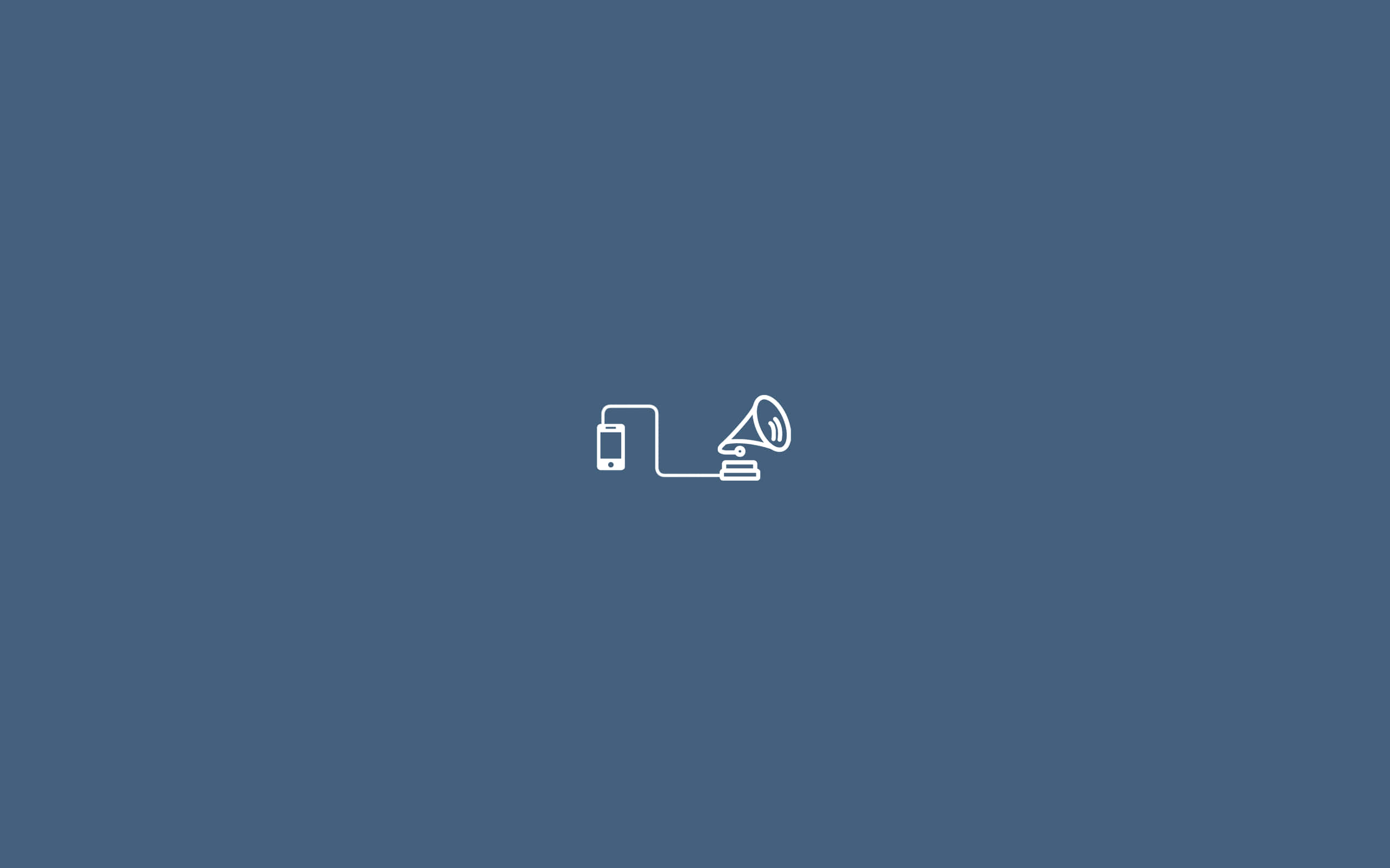 Minimalist Retro 桌布 壁紙 — 一個極簡風格的白色線條圖示，顯示智慧型手機連接到復古留聲機，背景為純藍色。