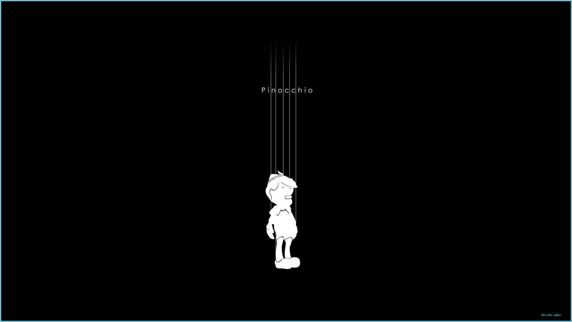 Dark Aesthetic Cartoon 桌布 壁紙 — 一個極簡風格的白色線條小木偶皮諾丘，用繩子懸掛在黑色背景上，上方有「Pinocchio」字樣。