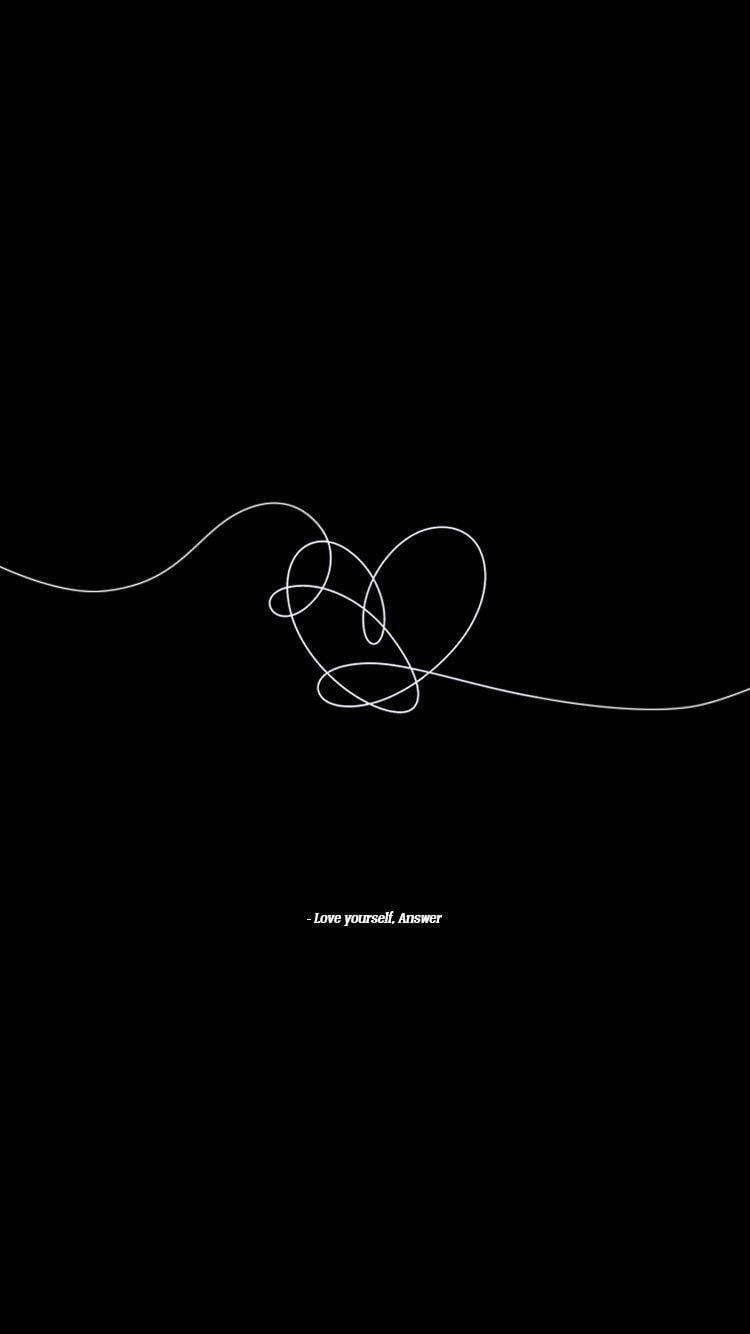 BTS 鎖定螢幕 桌布 壁紙 — 一個極簡風格的白色線條心形圖案，由連續流暢的線條構成，置於純黑色背景上，下方附有文字。