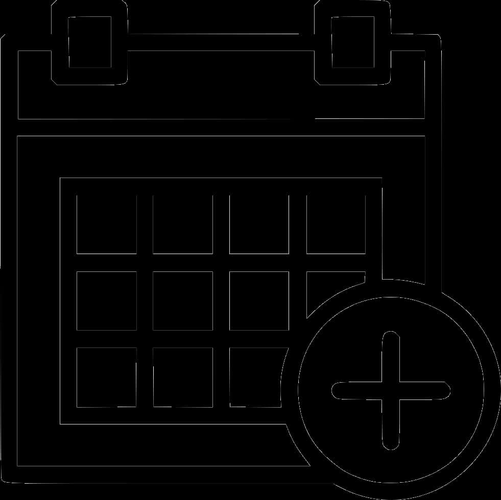 Calendar Icon 桌布 壁紙 — 一個極簡風格的白色線條日曆圖示，上面疊加了一個加號，背景為黑色。