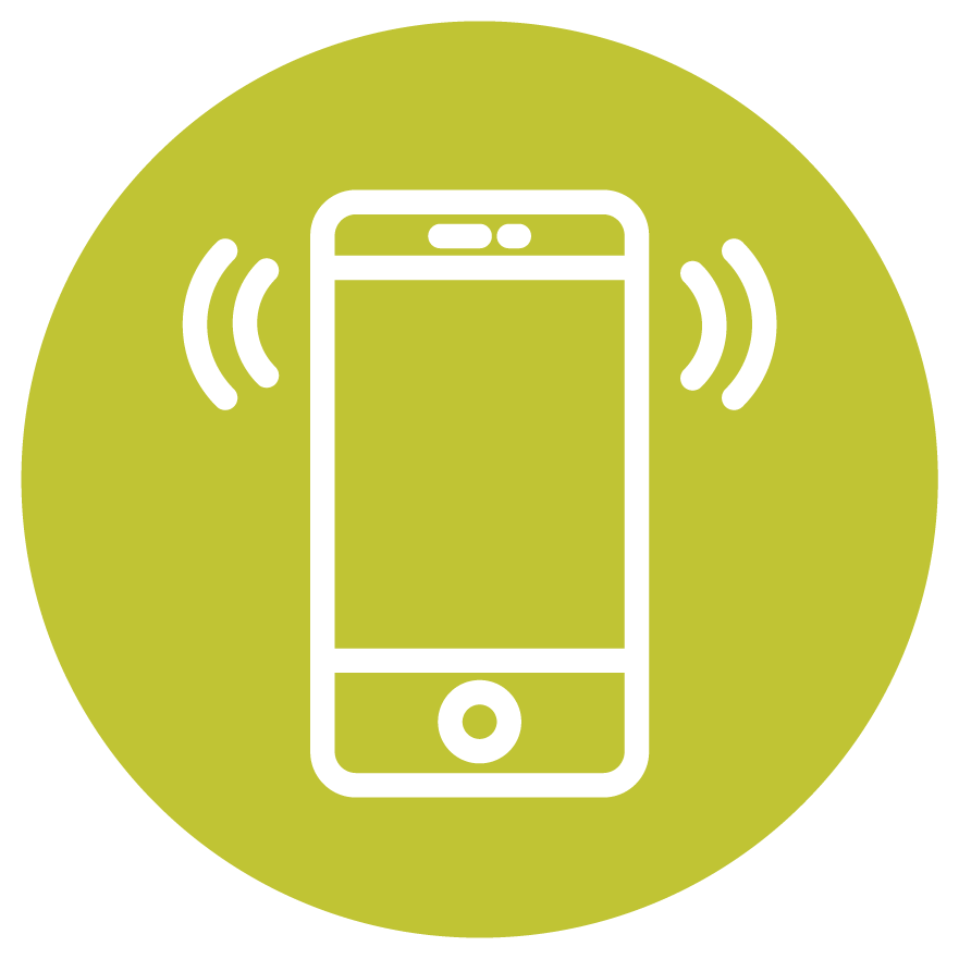 Mobile Phone Icon 桌布 壁紙 — 一個極簡風格的白色線條智慧型手機圖標，發出聲波，置於純橄欖綠圓形背景上。