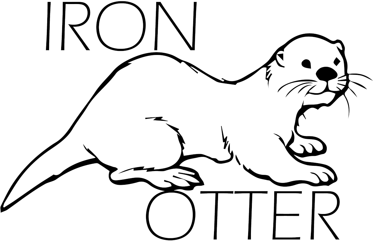 Otter 桌布 壁紙 — 一個極簡風格的白色線條水獺圖案，上下方有「IRON OTTER」字樣，背景為黑色。