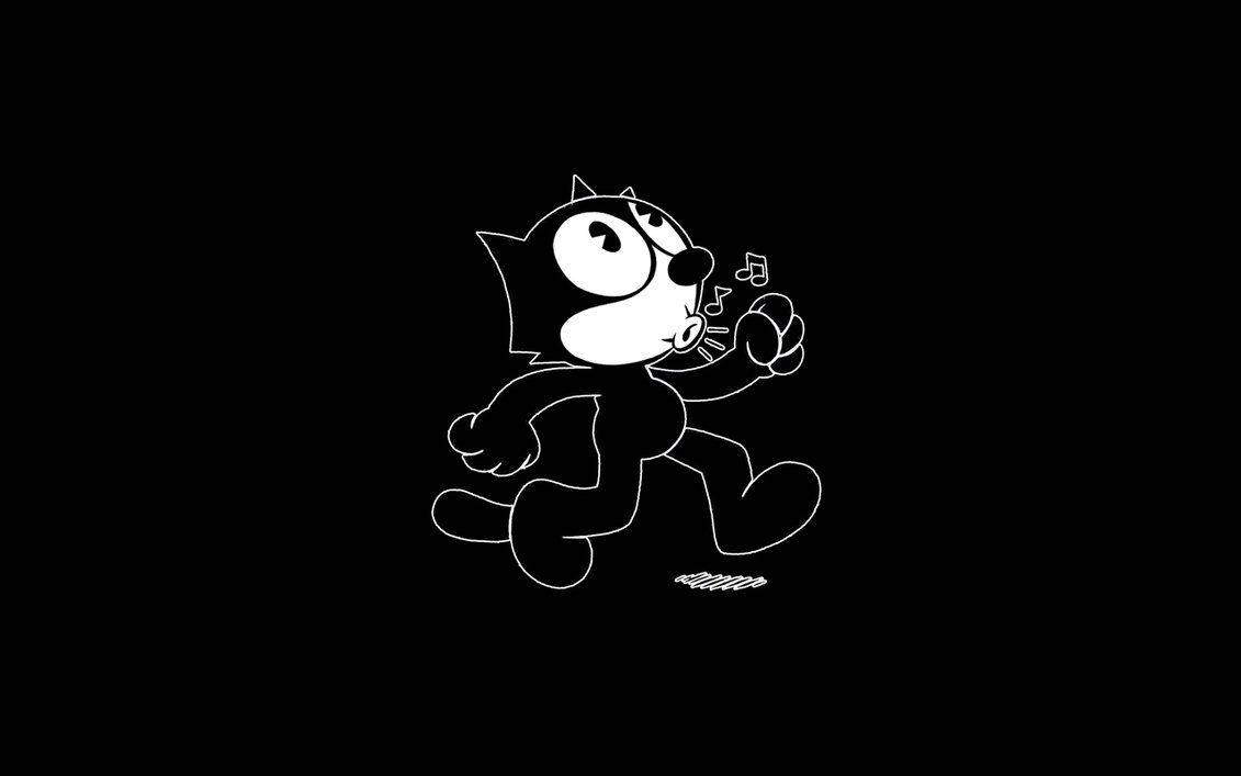Felix 桌布 壁紙 — 一個極簡風格的白色線條畫，描繪一隻卡通貓在純黑色背景上唱歌，伴有音符。